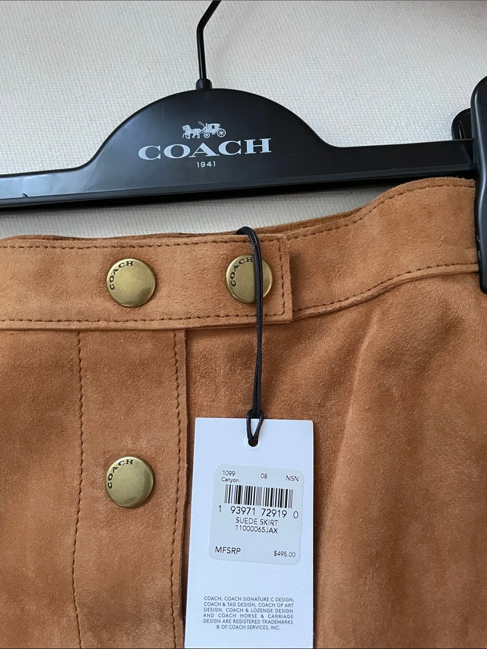 Coach Camel Suede Button-Front Midi Skirt